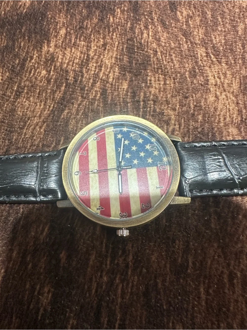 Patriotic Flag Face Black Leather Strap Watch